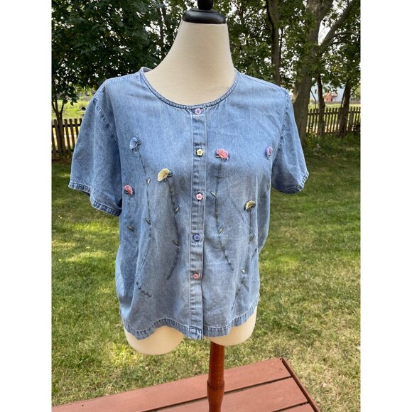 3D Vintage Floral Embroidered Denim Top L Lemon Grass Womens Y2K Button Up - Picture 1 of 9